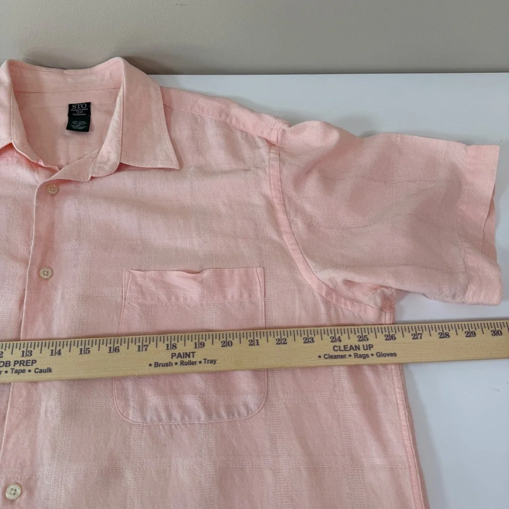 Mens Coastal XL Pink Linen Cotton Windowpane Camp Shirt Resort Summer Dadcore